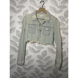 Blue Rope Rose Embroidered Crop Denim Jacket, Size S